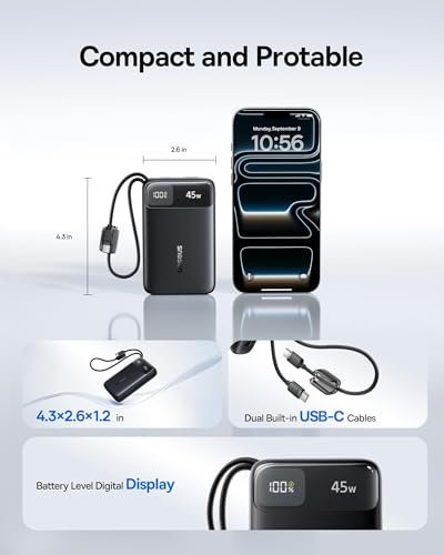 Baseus 20000mAh Compact Portable Charger 45W, CCC Certified Power Bank Built-in USB-C Cables, Travel Essential PD Fast Charging Battery Pack for iPhone 17/16 Series Galaxy S25/S24 Ultra Google iPad - color: Black