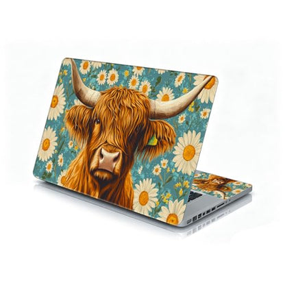 Universal Laptop Skin Sticker Decal, 12"-15.6" Aesthetic Vinyl Wrap, Highland Cow Daisies Teal Waterproof Notebook Cover Art Protector for MacBook HP Dell Lenovo, Fits 13" 14" 15" 15.6" - color: Highland Cow Daisies Teal