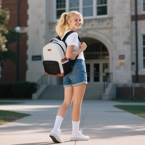 RealCool 15.6-17.3" Laptop Backpack, 31L Water Resistant Travel Bag | Independent frame opening, lightweight ,multi-compartments, ergonomic padded straps, luggage belt, for School,Business Trip - color: Beige-black