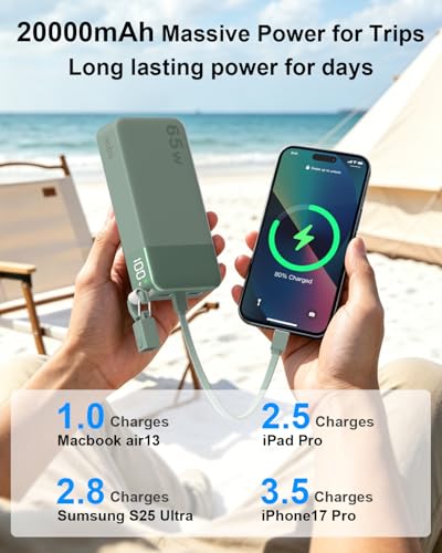 NOBIS Power Bank 20000mAh 65W Laptop Portable Charger | Battery Pack with attached USBC Cable 2 USB-C & 2 USB-A Ports, for Laptop,Pad,tablet,Phone 17/16/15/14,S26 - color: Green