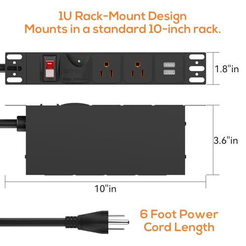 10 inch Rack PDU, 1U 6 Outlets(2 in Front, 4 in Back) Surge Protected,14AWG | 6ft Cable,1020J,15A Overload Switch & 2 USB-A, Rack Mount Power Strips for 10'' Mini Server Network Cabinets/Rack/Self