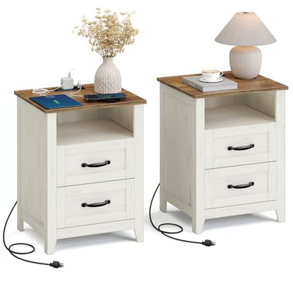 VASAGLE LIRY Collection - Farmhouse Nightstands with Charging Station, Set of 2 Bedside Tables, Side Tables with 2 Drawers, Open Compartment, for Bedroom, Rustic White and Honey Brown ULET869W01 - color: Rustic White + Honey Brown, size: 2 PACK, style: 17