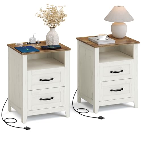 VASAGLE LIRY Collection - Farmhouse Nightstands with Charging Station, Set of 2 Bedside Tables, Side Tables with 2 Drawers, Open Compartment, for Bedroom, Rustic White and Honey Brown ULET869W01 - color: Rustic White + Honey Brown, size: 2 PACK, style: 17