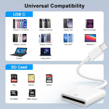 Apple MFi Certified USB C SD Card Reader Digital Camera Memory Card Reader | Trail Camera SD Card Reader USB C Memory Card Reader for iPhone 17 16 15 Pro Max, iPad Pro, MacBook, iMac, Galaxy, Pixel - color: White