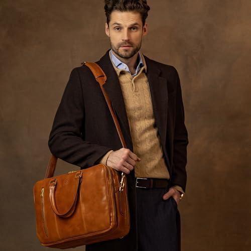 Time Resistance Leather Laptop Briefcase - Full Grain Leather Computer Bag for Men and Women | Leather - color: Cognac
