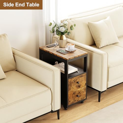 Narrow End Table with Charging Station and Wheels, Movable Narrow End Table with USB Ports and Outlets for Small Space, Living Room, Bedroom and Office, with 4 Wheels ( Rustic Brown + Black) - color: [A1] Black & Brown