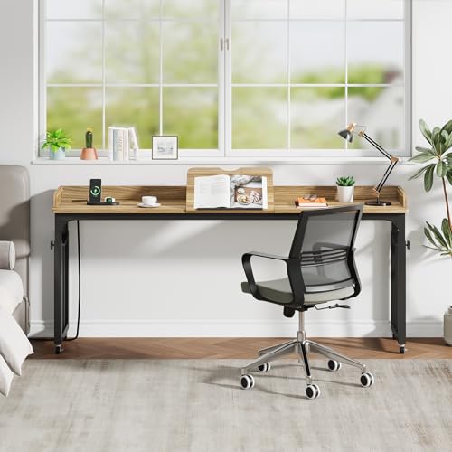 71 in Queen Size Overbed Table with Wheels, Light Brown | Height Adjustable, Bed Table with Adjustable Tilt Board, Mobile Laptop Cart Computer Desk with Power Outlets, USB Ports - color: Light Brown