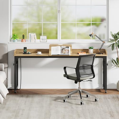71 in Queen Size Overbed Table with Wheels, Light Brown | Height Adjustable, Bed Table with Adjustable Tilt Board, Mobile Laptop Cart Computer Desk with Power Outlets, USB Ports - color: Light Brown