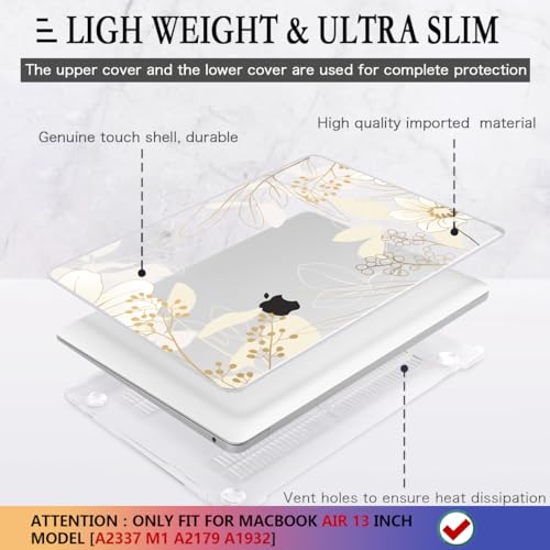 CISSOOK Compatible with MacBook Air 13 inch Case 2021 2020 2019 2018 | A2337 A2179 A1932, Plastic Hard Shell Case Keyboard Cover Screen Protector for MacBook Air 13.3 inch M1, Golden Flowers - color: Golden Flowers