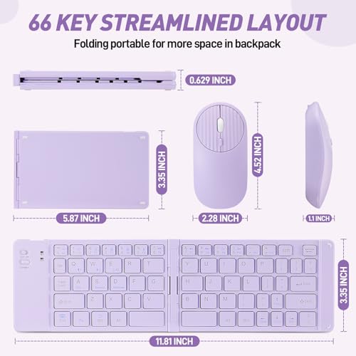 Foldable Mini Rechargeable Bluetooth Keyboard and Mouse Combo, 2.4G Wireless and Bluetooth,(Sync Up to 3 Devices), Ultra-Slim Travel Folding Keyboard for iPhone iPad Mac Android Windows iOS(Purple) - color: purple