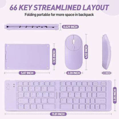 Foldable Mini Rechargeable Bluetooth Keyboard and Mouse Combo, 2.4G Wireless and Bluetooth,(Sync Up to 3 Devices), Ultra-Slim Travel Folding Keyboard for iPhone iPad Mac Android Windows iOS(Purple) - color: purple