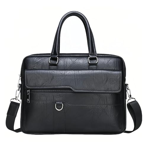 Men's Leather Laptop Bag 15 IN, Water-Resistant Briefcase Messenger Bag for Work, Business, Shoulder Crossbody Office Satchel - color: Deep Black