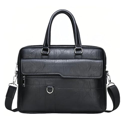 Men's Leather Laptop Bag 15 IN, Water-Resistant Briefcase Messenger Bag for Work, Business, Shoulder Crossbody Office Satchel - color: Deep Black