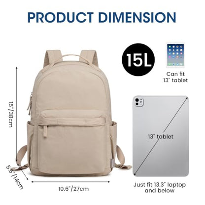 G4Free Small Backpack for Women, lightweight Daypacks for Travel School | Water-resistant Nylon Backpack, fits 13.3" laptop, Multi-pockets, Trolley strap, Comfy padded straps - color: Khaki