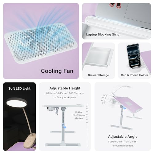 Adjustable Laptop Lap Desk with Cooling Fan USB Light for Adults - color: Purple,70x45cm