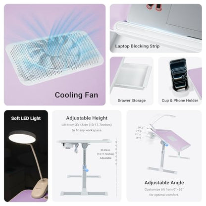 Adjustable Laptop Lap Desk with Cooling Fan USB Light for Adults - color: Purple,70x45cm