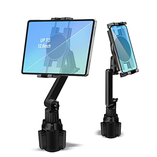 Cup Holder Car Tablet Mount for Truck, 360° Adjustable 15" Long 2-Arm Stand Holder for iPad Pro 12.9/11/10.5/9.7/Air/Mini 6/5/4, Galaxy Tab/Z Fold 6/5/4, iPhone 17/16/Pro, 4.7-12.9" Tab &Phone - size: 15"