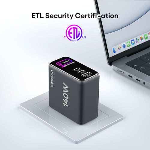 GaN Dual 140W USB C PD 3.1 Wall Charger with LED Display - PPS 100W 65W 45W 25W Type-C Laptop Power Adapter and Cable - Fit for MacBook Pro iPhone 17 16 15 iPad Galaxy S25 S24 Pixel - ETL