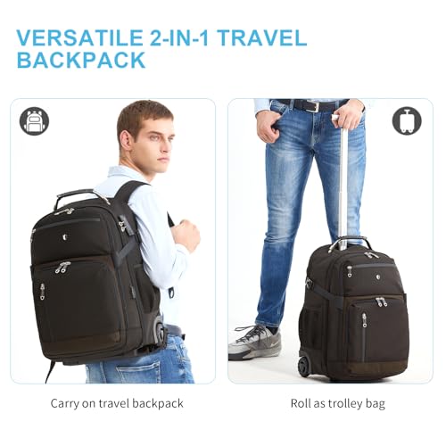 Backpack with wheels,rolling backpack with 2 Packing Cubes,compression bags for travel,Water-Resistant Carry-On Luggage,Business and Commuting (Brown) - color: Brown