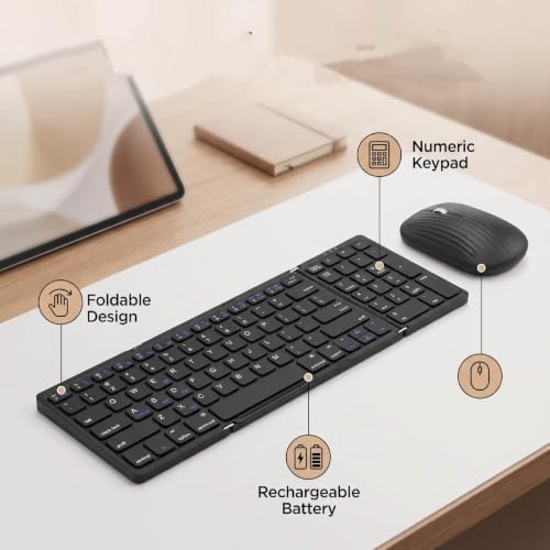 Foldable Keyboard and Mouse Combo, BT5.1 Full Size with Number Pad, 81 Keys, USB C Rechargeable, Scissor Switch, for Smartphone Laptop Tablet