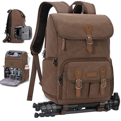 RAINSMORE Camera Bag Backpack for DSLR/SLR Mirrorless 15.6 Inch Laptop Camera Back Pack for Photographers Anti-Theft Photography Bags Case with Tripod Holder & Rain Cover, Coffee - color: Coffee
