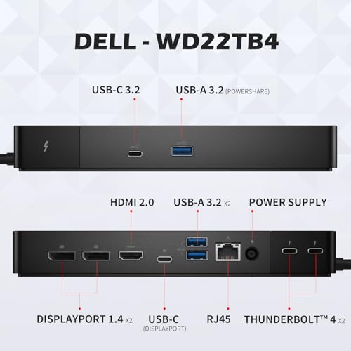 WD22TB4 Dell Docking Station, Performance Dock WD22TB4, 180W Adapter + 130W Power Delivery, Support Dual/Triple Monitor & 4K Displays, with Fkafusion Tech HDMI and DP Cable, New - 3 Year Warranty