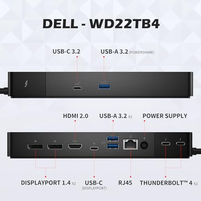 WD22TB4 Dell Docking Station, Performance Dock WD22TB4, 180W Adapter + 130W Power Delivery, Support Dual/Triple Monitor & 4K Displays, with Fkafusion Tech HDMI and DP Cable, New - 3 Year Warranty
