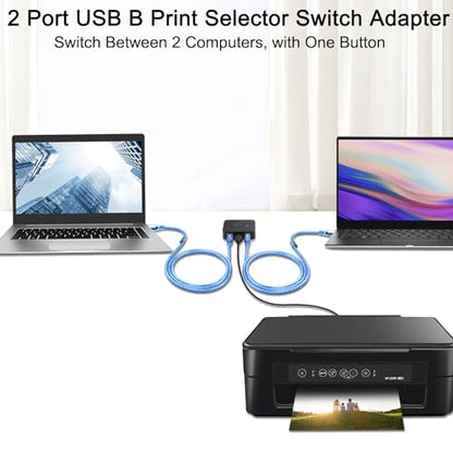 QIANRENON USB2.0 Printer Sharer Switcher 2 Port USB B Print Selector Switch Adapter, 2 Computer Share 1 Printer Manual Switcher, with LED Light, Including 2 * 1.5m Print Cable