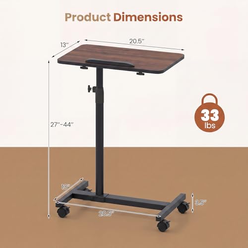 GIANTEX Overbed Table with Wheels, Medical Adjustable Bedside Table, Walnut | Mobile Standing Desk, Portable Laptop Table for Small Spaces, Bed Trays Table for Eating Home and Hospital - color: Walnut