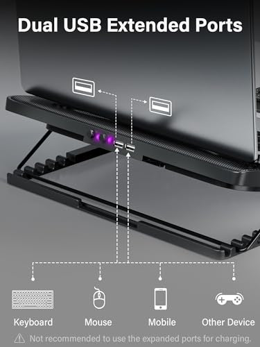 Kootek Laptop Cooling Pad Cooler Stand with 5 Quiet Fans for 12"-17" Laptop | 5 Fans, USB Powered, Laptop Cooling Stand with 2 USB Hub, 6 Adjustable Height, 360° Cooling Coverage, Anti-Slip, Purple LED - color: Purple