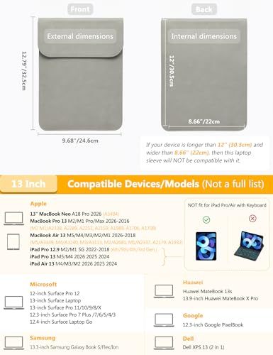 HYZUO 13 Inch Laptop Sleeve PC Case for MacBook Pro 13 M2 M1 2026-2016, 13" MacBook Neo 2026 A3404, MacBook Air 13 M5 A3449 M4 M3 M2 M1 2026-2018, 13" iPad Pro/Air, Surface Pro, XPS 13, Light Gray - color: Light Gray, size: 13 Inch