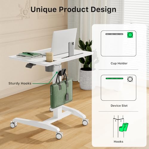 Gibbon Mounts 27" Mobile Rolling Standing Desk with Lockable Wheels, White | Small Laptop Cart Height Adjustable with Cup Holder, Slot, Hook, Portable Pneumatic Teacher Rising Workstation for Classroom - color: White