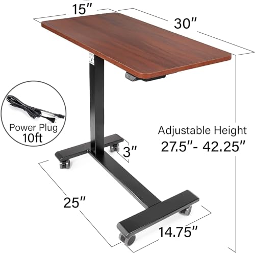 Vaunn Medical Electric Overbed Table Bedside Height Adjustable Table with Wheels (Electric-Powered, Hospital and Home Use) - Brown (Organic Modern)