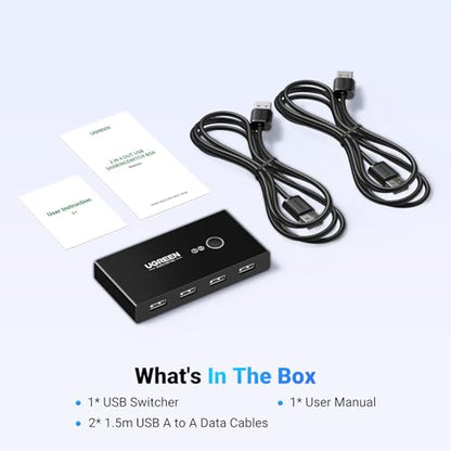 UGREEN USB Switch Selector 2 Computers Sharing 4 USB Devices USB 2.0 Peripheral Switcher Box Hub for Mouse Keyboard Scanner Printer PCs with One-Button Swapping and 2 Pack USB A to A Cable