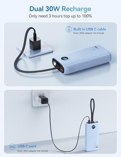 DIAMUAR Portable Charger 20000mAh 45W, Built in USB C Cable, 3W Flashlight | Fast Charging, Digital Display, 3 Ports, All-Day Power, Travel-Ready, for iPhone 17/16/15, Tablet, Laptop, Camping Essentials - color: Blue