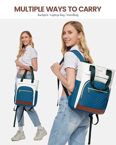 LOVEVOOK Laptop Backpack for Women, 15.6 Inch Work Laptop Bag Teacher Nurse Backpack, Wide Open Travel Tote Backpack Purse Business Computer Daypack - color: Beige&blue-green&brown-m