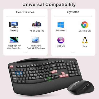 Wireless Keyboard and Mouse Combo, 2.4G Full Size Wave Keys Ergonomic Keyboard with Wrist Rest, Phone Holder, 3-Level DPI Wireless Silent Mouse with 6-Buttons, for Windows (Pink) - color: Pink