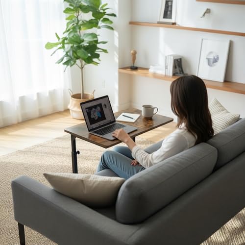 Height Adjustable C-Shaped Sofa Side Table, Laptop Table for Couch & Bed, Rustic Brown - color: Rustic Brown
