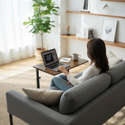 Height Adjustable C-Shaped Sofa Side Table, Laptop Table for Couch & Bed, Rustic Brown - color: Rustic Brown