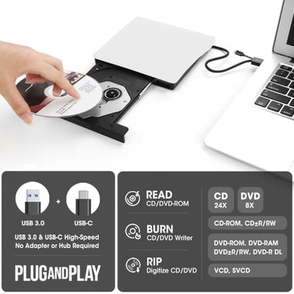 ROOFULL External CD DVD Drive for Mac Laptop USB 3.0 & USB-C | With Carrying Case, Portable CD DVD Burner Reader Writer Player ROM+/-RW Disc Drive for Apple MacBook Windows PC Computer - style: 2 In 1 Drive (White) + Carrying Case