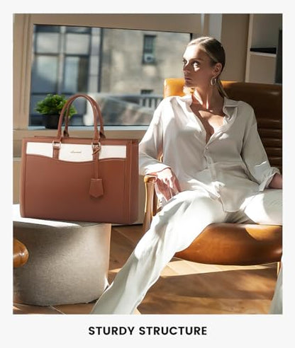 LOVEVOOK Laptop Tote Bag for Women, Leather Office Work Bag Briefcase fit for 15.6 inch Laptop, Large Teacher Computer Bag Handbag,2pcs Set Leather/Brown-White | PU Leather Business Briefcase Teacher Travel College Bag Handbag fit for 15.6 inch Laptop, Of