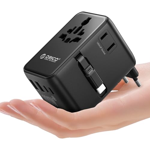 ORICO Universal Travel Adapter 100W GaN International Power Adapter | 7 in 1 (2 AC, 3 USB-C, 2 USB-A) European Travel Plug Adapter, Built-in Retractable USB-C Cable for Eu UK AU 200+ Countries - color: Black, size: 100W