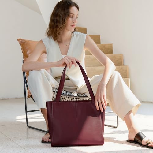 befen Genuine Leather Tote Bag for Women Work Travel Leather Purse Handbags | Real Leather, Padded 14" Laptop Compartment, Multi-Pockets, Zipper, Tote Bag for Daily - color: Burgundy Red