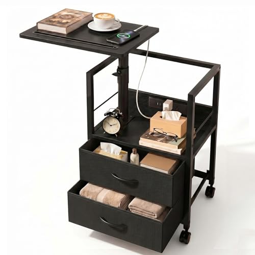 Faesun Swivel Lift Top Nightstand with Charging Station, Rolling Side Table for Recliner, Bedside Table with Wheels & 2 Fabric Drawers, for Small Spaces, for Bedroom, Living Room, Black - color: 04 - Black, size: 2 Drawers