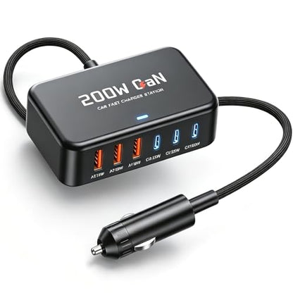 200W Car Charger 6-Port USB Car Charging Station - 12V 24V Cigarette Lighter Adapter Fast Charging Road Trip Automobile Charger for iPhone 17/16 Pro Max, MacBook Pro/Air, Laptop, iPad, Tablet