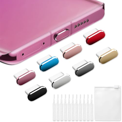 8 pcs Type C Anti Dust Plug, VEINARDYL USB C Charging Port Protector Cap with 10 Cleaning Brush, Headphone Jack Dust Plug Charger Cover Compatible with Huawei, Xiaomi, Oppo, VIVO, Samsung - color: Black,Gray,Silver,Gold,Rose Gold,Red,Pink,Blue