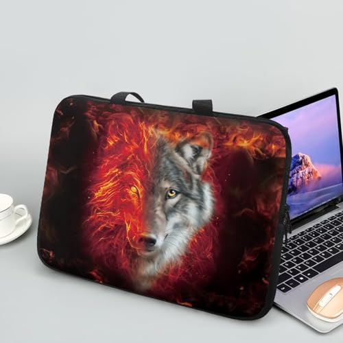 Flaming Wolf Laptop Case 17 Inch Sleeve, Protective Computer Covers with Accessory Pocket, Wildlife Animal Compatible Sleeve Bag for Most 10-17 Inch Notebooks, Black & Red - color: Flaming Wolf Wildlife Animal, size: 17 inch