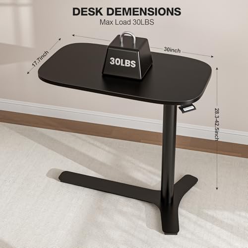 Muvai Overbed Bedside Table with Hidden Casters,30 Inches Adjustable Height Pneumatic Mobile Laptop Standing Desk, Rolling Computer Table for Home & Hospital Use ，Black 30" W x 17.7" D - color: Black