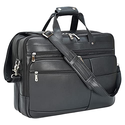 Polare X-Large 18" Full Grain Leather Briefcase For Men Business Travel Case Messenger Bag Fits 17.3" Laptop - color: Black (X-large 18'')