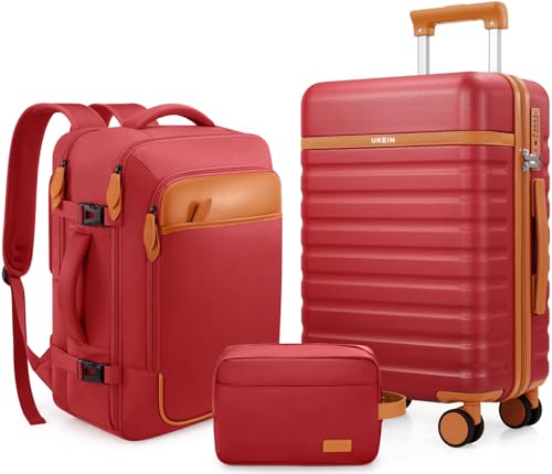 UKEIN Luggage Sets 3 Piece, Carry On Luggage 20In With Spinner Wheels,PC Hardside Suitcase Set with TSA Lock,Durable Carry On Suitcase With Travel Backpack for Men (Red, 3 piece set (20inch)) - color: Red, size: 3 piece set (20inch)